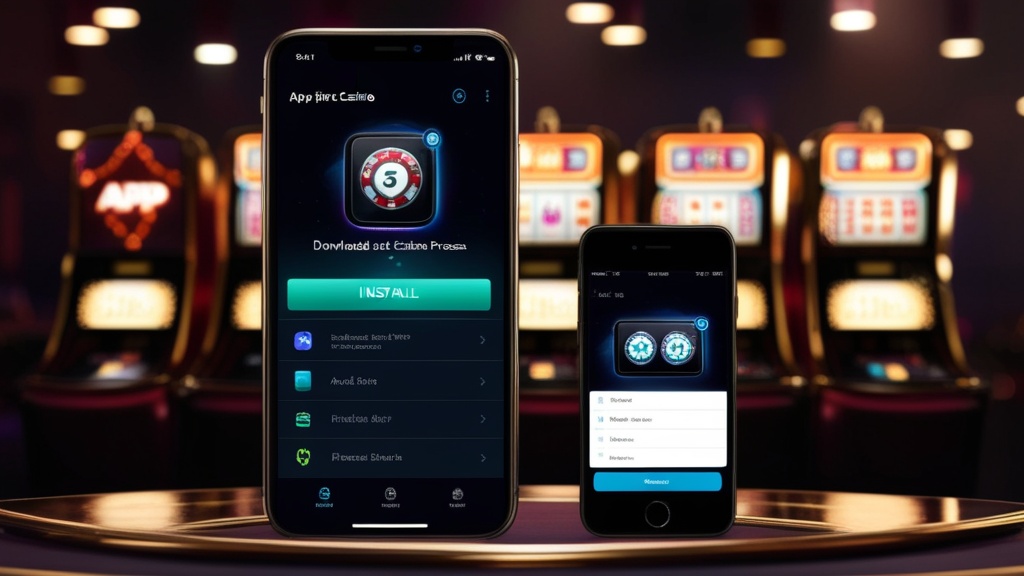 Smartphone zeigt die Installation der Casino-App neben Android- und iPhone-Gerät