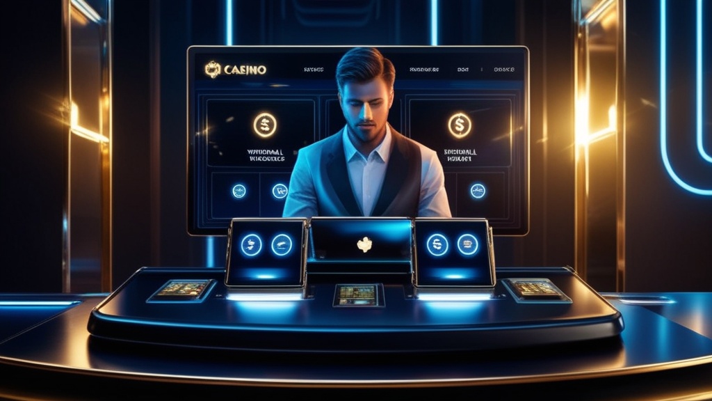 Dunkle Casino-Szene mit Auszahlungsseite und leuchtenden Zahlungssymbolen